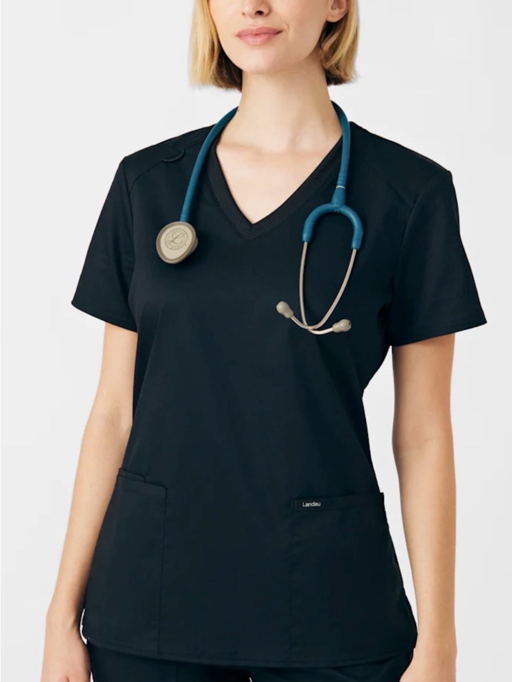 NWT Landau ProFlex 3-Pocket V-Neck Rib Knit Scrub Top Women M Black